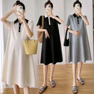Summer Maternity Dress Polo Collar Loose Midi A-Line Skirt French Luxury plus Size Summer Pregnancy Skirt Polyester Fiber