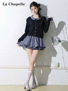 La Chapelle | Collar Design Wooden Edge Decorated Knit Sweater & Check Style Short Skirt Set
