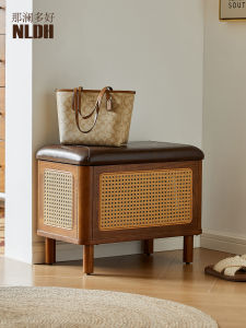 Luxury Integrated Wooden Wicker Storage Bench Indoor Entrance Hall Shoe Changing Seat Soft Leather Cushion Storage Long Bench