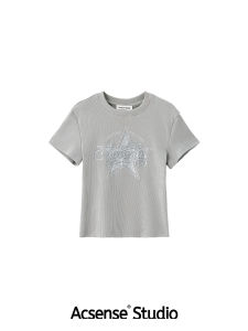 ACSENSE STUDIO Sweet Cool Aesthetic Glitter Star Print Slim Fit Short Sleeve T-Shirt Womens Fashion Summer Moisture Wicking