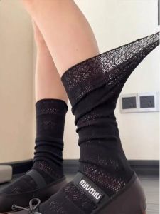 Womens Summer Socks Transparent Hollowed Retro Flower Mesh Socks Lolita Breathable Knee High JK Stocking Crew Middle Stocking