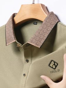 Summer Ice Silk Polo Shirt Mens Short Sleeve Printed Casual Business Collared T-Shirt Pure Color Turn-down Collar Top