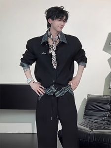 Casual Striped Shirt Mens Loose Fit Open Cardigan Style Polyester Fiber Long Sleeve Warmth Male Childrens Spring Autumn Wear