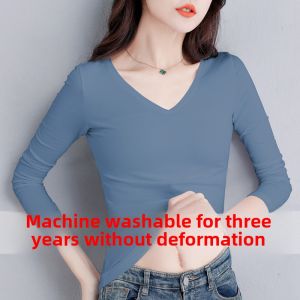 Khaki V-neck Long Sleeve Pure Cotton Slim Fit Womens Base Shirt Versatile T-shirt Autumn Top Korean Style Commute Fashion