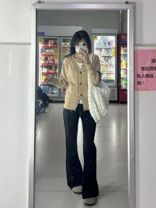 กางเกงกีฬาลำลองสีดำยาวถึงพื้นสำหรับผู้หญิง กางเกงขายาวทรงหลวม ทรงขาบาน ทรงเข้ารูป ผ้าฝ้ายผสมโพลีเอสเตอร์ ฤดูใบไม้ร่วง/ฤดูหนาว