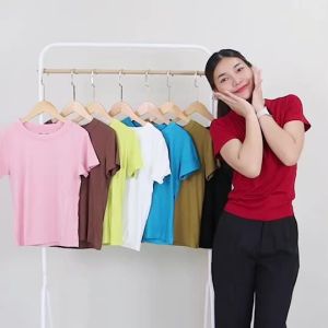 t002# เสื้อยืด คอกลม แขนสั้น ปักโบว์ ด้านหลัง ผ้าเรยอน เนื้อผ้านิ่ม ดีไซน์ทรงเข้ารูป