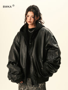 BWKA American Style Thickened PU Leather Jacket Loose Fit Bomber Top for Men And Women Trendy Brand Fall Outerwear