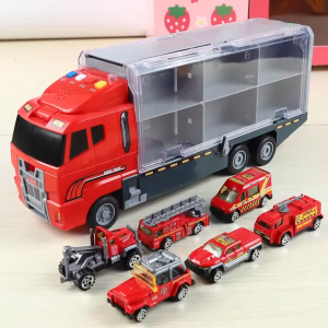 7 in 1 Alloy Container Truck Playset with 6 Mini Cars & Educational Features - Fire/Construction Series with LED Lights Music & Launch Function (35x15cm) - STEM Toy for Kids 3+