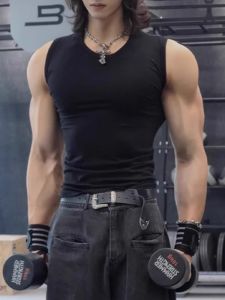 เสื้อกั๊กออกกำลังกายชาย ฤดูร้อน ทรงหลวม แขนกุด คอกลม ระบายอากาศได้ดี ทรงพอดีตัว ทรงพื้นฐาน สำหรับผู้ชาย