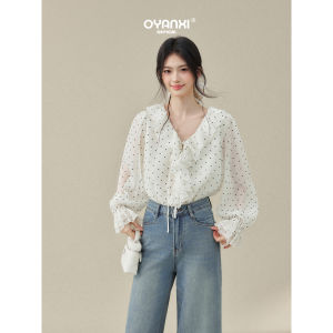 OUYANGXI | Áo Blouse cổ V bèo nhún mùa xuân Dots