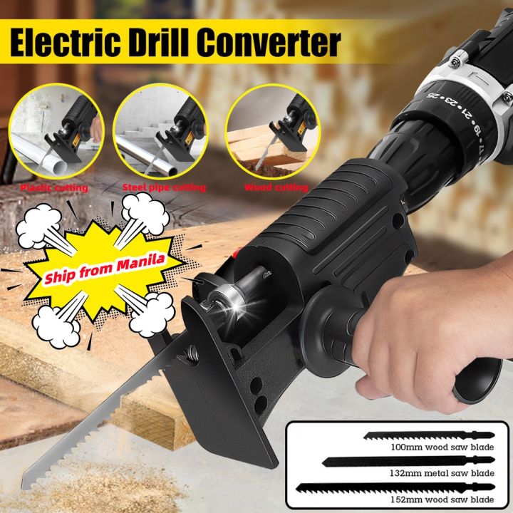 Portable Reciprocating Saw Adapter – Electric Drill Attachment With Ergonomic Handle And 3 Saw Blades For Wood & Metal Cutting