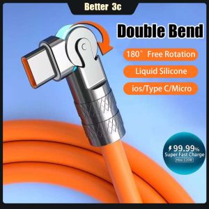 Double Bend 180°Rotation Super Fast Charging Cable With Lamp Phone Charger Cord 6A Gaming Zinc alloy Liquid Silicone USB Data Cable For ios/Type C/Micro