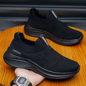 Mens Thick Bottom Breathable Sports Casual Shoes Large Size 45 Elastic Fly Knit Sneakers Comfortable Footwear for Daily Use