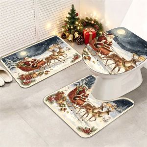 VIKAMA Christmas Red Truck 3 Piece Bathroom Rug Set Non Slip Soft Washable Holiday Bath Mat For Bathroom Shower Home Decor