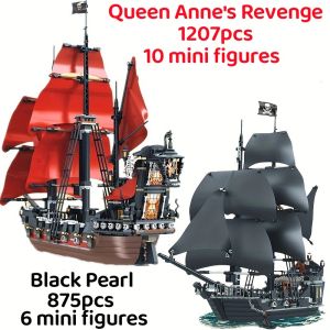 Pirates Of The Caribbean Ship Queens Revenge Warship Black Pearl Sailboat Building Block Bricks MOC 4195 Assembly Toys Kid Gift