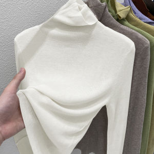 Áo Len Dệt Kim Cổ Cao Bằng Lông Cừu Cho Nữ Mùa Đông Mới 2025 Áo Khoác Ngoài Màu Trắng Áo Sơ Mi Cổ Bẻ Tay Dài Thường Ngày