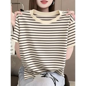 Pure Cotton Shoulder Straight Striped T-shirt