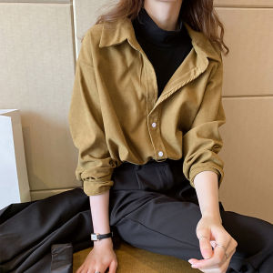 chaqi | Womens Autumn Winter Corduroy Shirt Fake Two-Piece Polo Collar Long Sleeve Loose Fit Korean Style Commute Fashion Base Layer