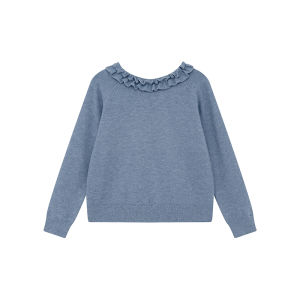 NIHAOKANONG | Áo Sweater Tay Đính Nơ Cổ Xếp Ly Màu Xanh