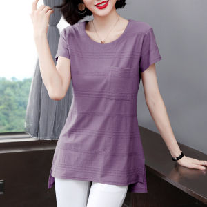 Pure Cotton Midi Short Sleeve T-Shirt Womens Summer New Style Fashionable Ladies Clothing Belly Covering Top round Neckline