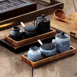 Ceramic Spice Jar Salt and Pepper Shakers Wooden Tray Seasoning Box Home Kitchen Tools Spice Organizer Jars Kitchen Accessories