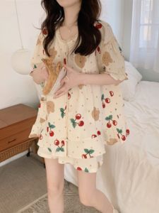 Cute Cherry Print Sleepwear Set Womens Spring Autumn Short Sleeve Lace Trim Bear Pattern Outfit Two Piece Set Comfortable Nightgown