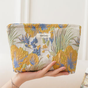 กระเป๋าแต่งหน้าผู้หญิง jacquard สีม่วง กระเป๋าเก็บเครื่องสําอางความจุขนาดใหญ่แบบพกพา กระเป๋าใส่อุปกรณ์อาบน้ําสําหรับเดินทาง กระเป๋าถังด้านใน