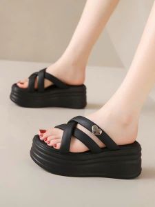 sandal quai nhún chéo phối ngọc 7cm phối phụ kiện cao câp