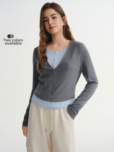 DUSHU | Layered Contrast Illusion Two Pieces Long Sleeve Base Layer Shirt Blouse Slim