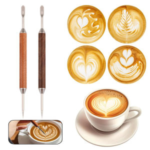 Double-End Coffee Latte Art Tool with Wood Handle Stainless Steel Barista Espresso Coffee Latte Art Needle for Coffee Designs