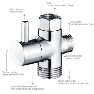 G1/2 inch three-way diverter valve T-type adapter converter brass valve water diverter for bathroom shower faucet head