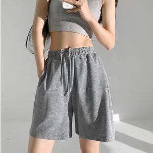 กางเกงขาสั้นสปอร์ตสีน้ำเงินสำหรับผู้หญิงในช่วงฤดูร้อน กางเกงขายาวเอวสูง ทรงตรง กางเกงขายาวห้าส่วน สไตล์ลำลอง