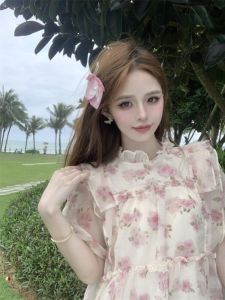 GUZILIAN | French Style Sweet Floral Print Short Sleeve Shirt Womens Fashionable Ruffle Hem Pleated Top Youthful Looking Blouse