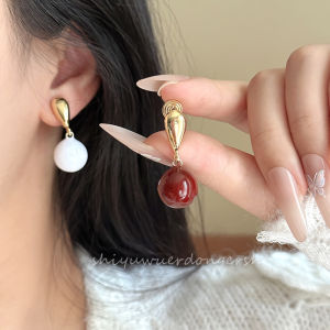 Gold Drop Earrings Wine Red round Ball French Style No Piercing Required Fashionable White Enhancing Clip-Ons New 2025