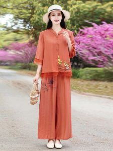 เรียบหรู ผ้าฝ้าย ผ้าลินิน ปัก เสื้อท่อนบน ขากว้าง กางเกง ชุดสองชิ้นสําหรับคุณแม่แฟชั่นระดับไฮเอนด์ พลัสไซส์ ชนเผ่า ชุดสไตล์