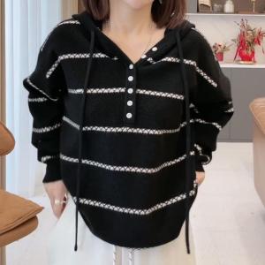 Casual Loose Knitted Long Sleeve Hoodie Womens Top Breathable Lightweight Stripe Design Comfortable Soft Korean Style Fashion