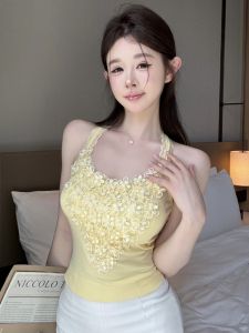 GUZILIAN | Yellow Flower Lace Halter Top Vest