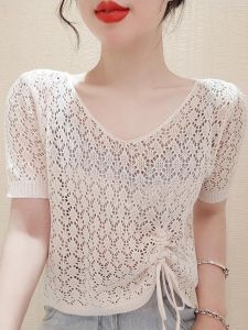 เสื้อเชิ้ตผู้หญิงแขนสั้นแบบสวมหัว ทรงหลวม ชุดเดรสสายเดี่ยว ชุดฤดูใบไม้ร่วง คอวี เสื้อคลุมแฟชั่นสำหรับผู้หญิง