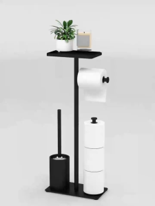 Floor Standing Roll Paper Holder with Storage Tray and Phone Stand Toilet Brush Holder Tissues Holder Bathroom Organizer