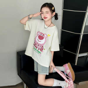 Fashionable Casual Cartoon round Neck Half Sleeve Summer T-Shirt for Girls Short Sleeve Loose Fit Breathable Sweat Absorbent