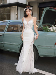 Elegant White Sling-Style Evening Dress with Embroidered Fish Bone Waistline Slimming High-End Mermaid Tail for Wedding Banquets and Parties