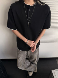 Black Fake Two-Piece Henry Collar Short Sleeve Polo Shirt CleanFit Half Sleeve Shoulder Polo T-Shirt for Men Summer High End