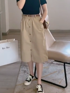 MANMI | Chân Váy A-line Mid Length Màu Kaki Phong Cách Retro Mỹ Nút Đơn