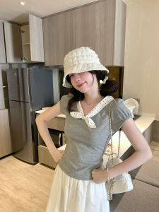 Ptonumi Little Rabbit Short Sleeve T-Shirt Women Summer V-Neck Design Slim Fit Bubble Sleeve Top Korean Style Casual Wear