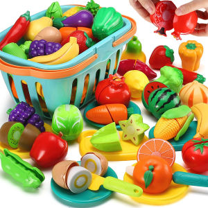 Cutting Play Food Toy for Kids Kitchen Pretend Fruit &Vegetables Accessories with Shopping Storage Basket Plastic Mini Dishes