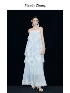 Lace Backless Blue Romantic Vacation Style Dress
