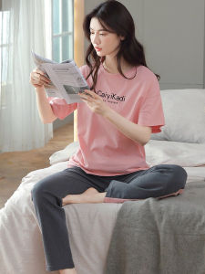 Pure Cotton Summer Sleepwear Short Sleeve Long Pants Thin Cartoon Home Clothes Set for Women Breathable Cool Feeling Home Leisure