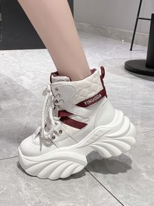 Genuine Leather High-Top Daddy Shoes Womens 2024 Fall and Winter New Arrival Thick Sole Increased Feet Smaller Casual Warm Keeping Sports Fashion Shoes