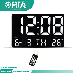 ORIA Large Digital Wall Clock with Remote Control Adjustable Brightness LED Alarm Clock With Date Temperature for Living Room Bedroom Office Gym - White Blue Light