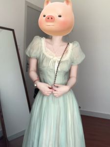 Váy Tay Bong Bóng Cổ Vuông Ren Cổ Vuông Kiểu Pháp Dành Cho Nữ Mùa Hè Váy Dài Mềm Mại Và Giống Như Cổ Tích Với Eo Cao Và Mảnh Đơn